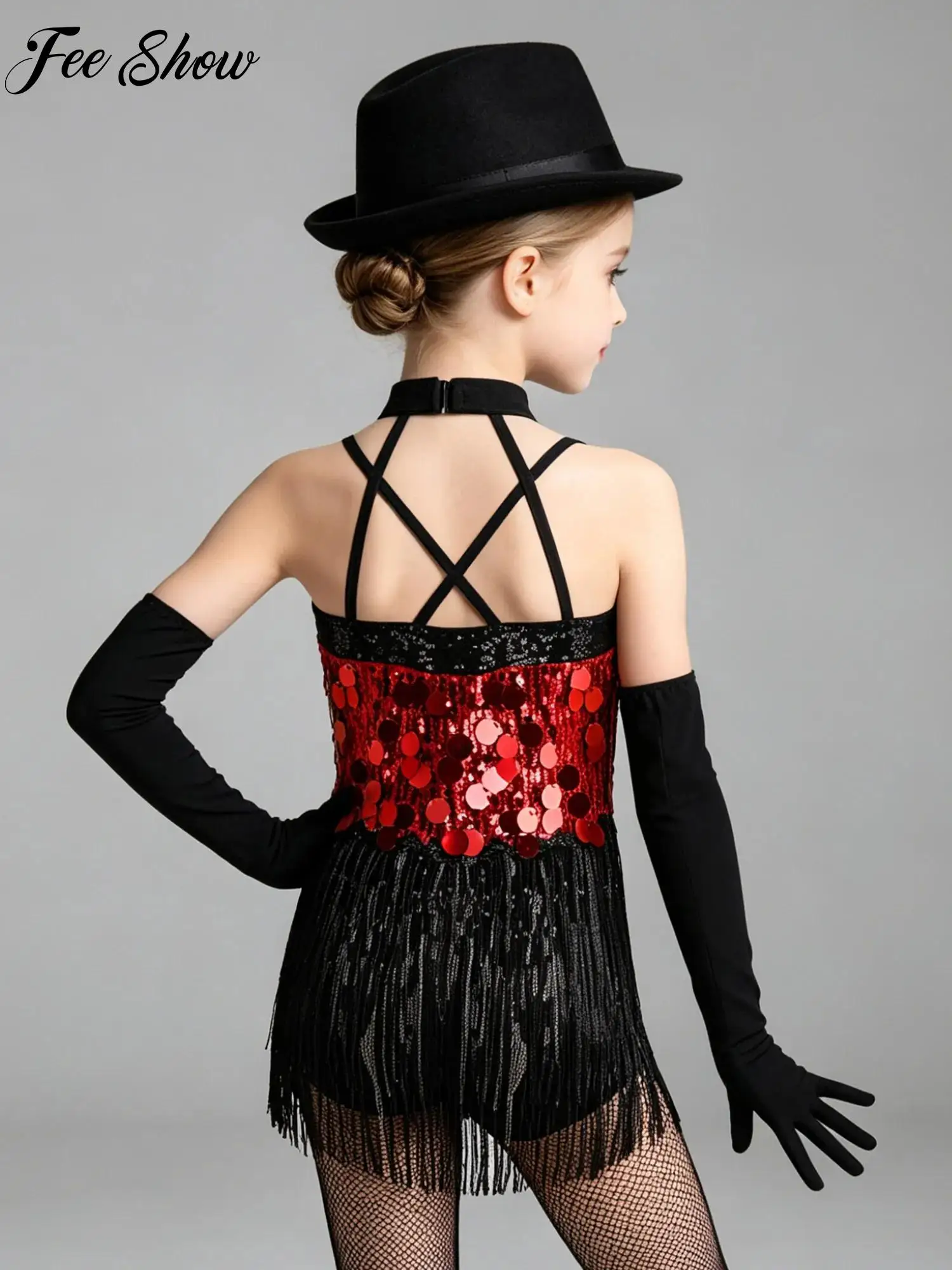 

Kids Girls Tassels Latin Dance Dress Halter Sleeveless Strappy Sequins Fringed Dress with Gloves for Samba Stage Performance
