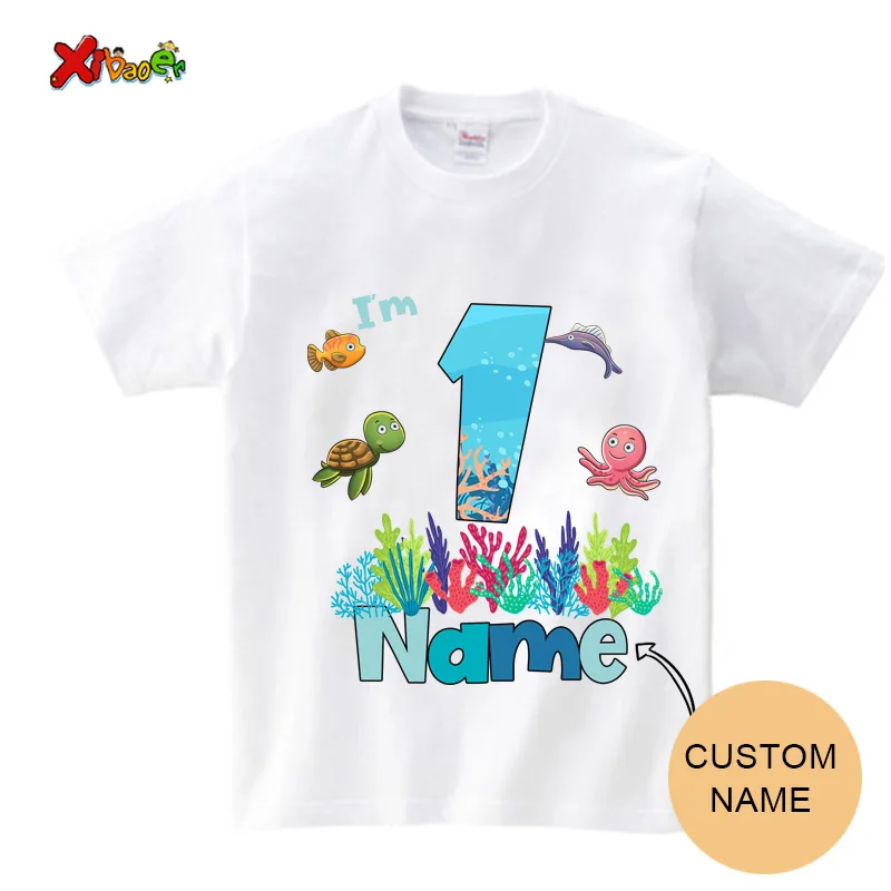 Family Birthday Colorful Ocean T-shirt Cartoon Birthday Photo Shirt Custom Name Tee Picture Tshirt Kids Matching Outfits Holiday