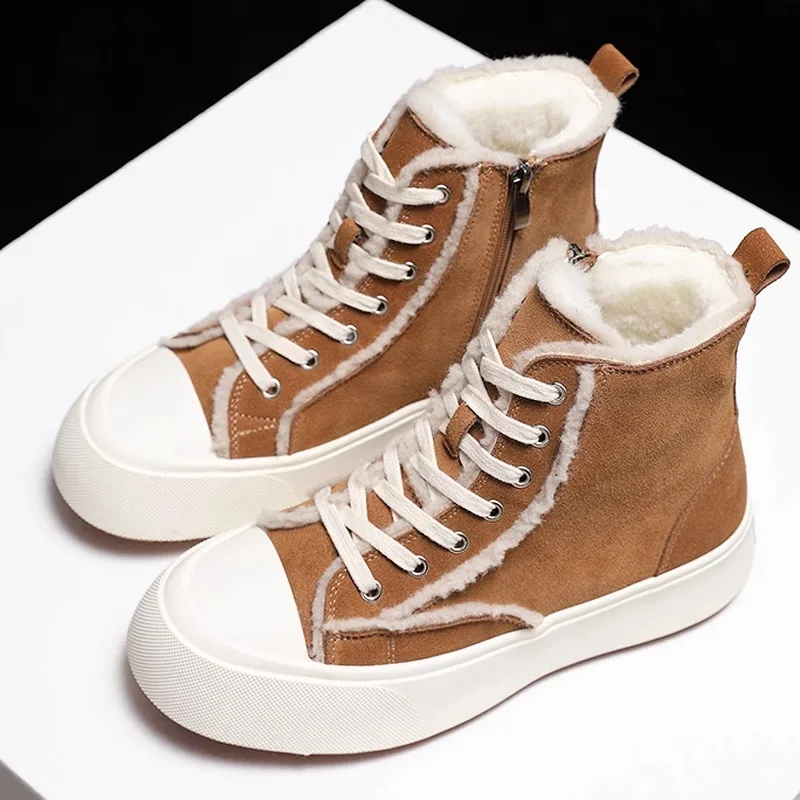 

British Genuine Leather Outdoor Casual High Top Snow Boots Men Winter Warm Wool Shoes Fashion Hiking Cotton Ankle Boots