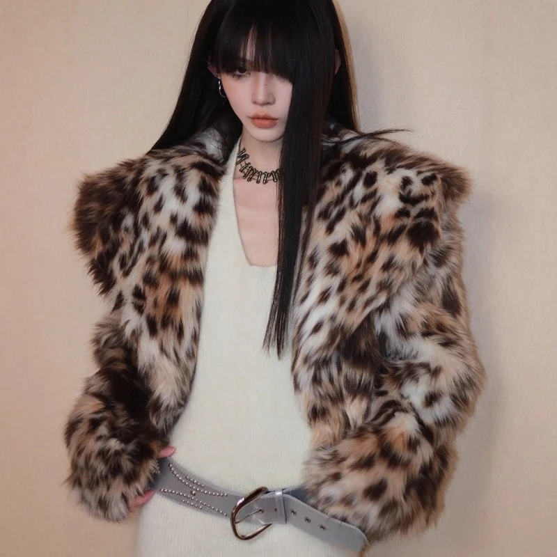 Women Vintage Leopard Faux Fur Cropped Jacket Y2K Long Sleeve Lapel Fluffy Short Coat Winter Streetwear Outerwear Faux Fur