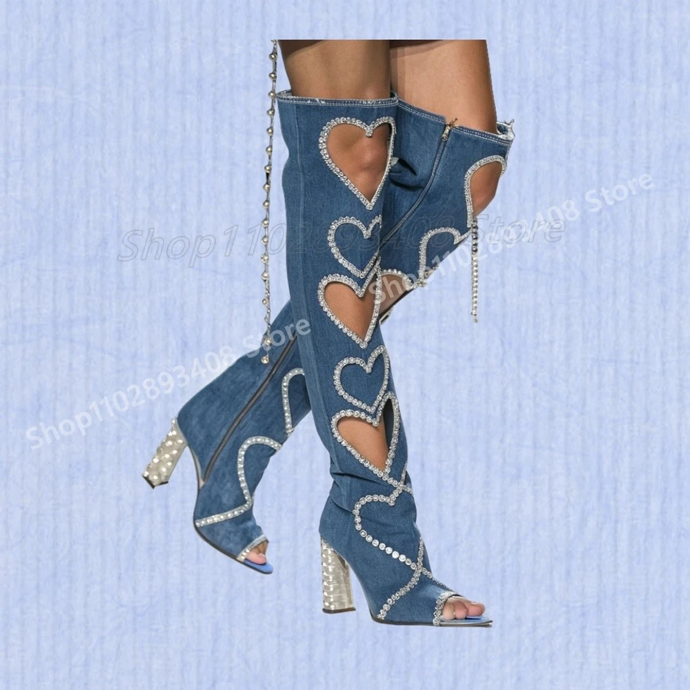

Pearl Heart Shaped Hollow Over the Knee Boots Blue Demin Chunky High Heel Fashion Runway Style Hot Women Shoes 2025 Para Mujere