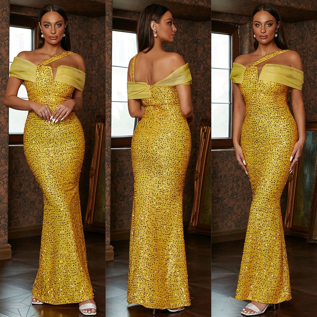 Robes de soirée sirène jaune vif pour femmes, robe de Rhà paillettes, robe longue gracieuse, exquise, tout sur mesure, initiée