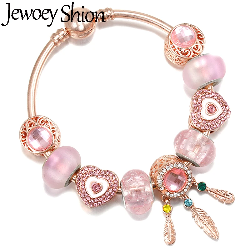 Pink Dream Catcher & Interlocking Heart Bead With Pendant Fit DIY Fashion Brand Charm Bracelet For Women & Kids Jewelry Gift New
