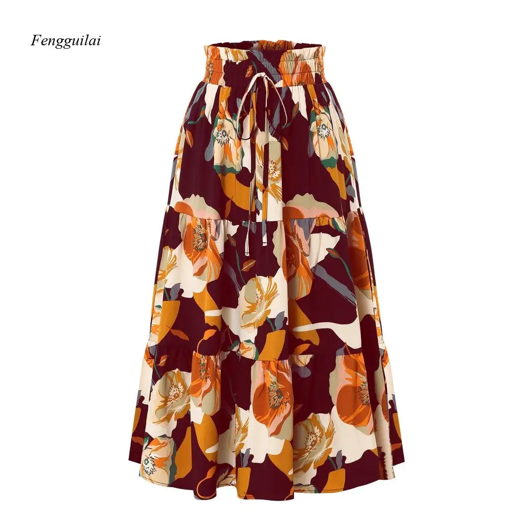A-Shaped Pleated Skirt with Autumn Floral Print and Elastic Waist, Mid-Length Dress