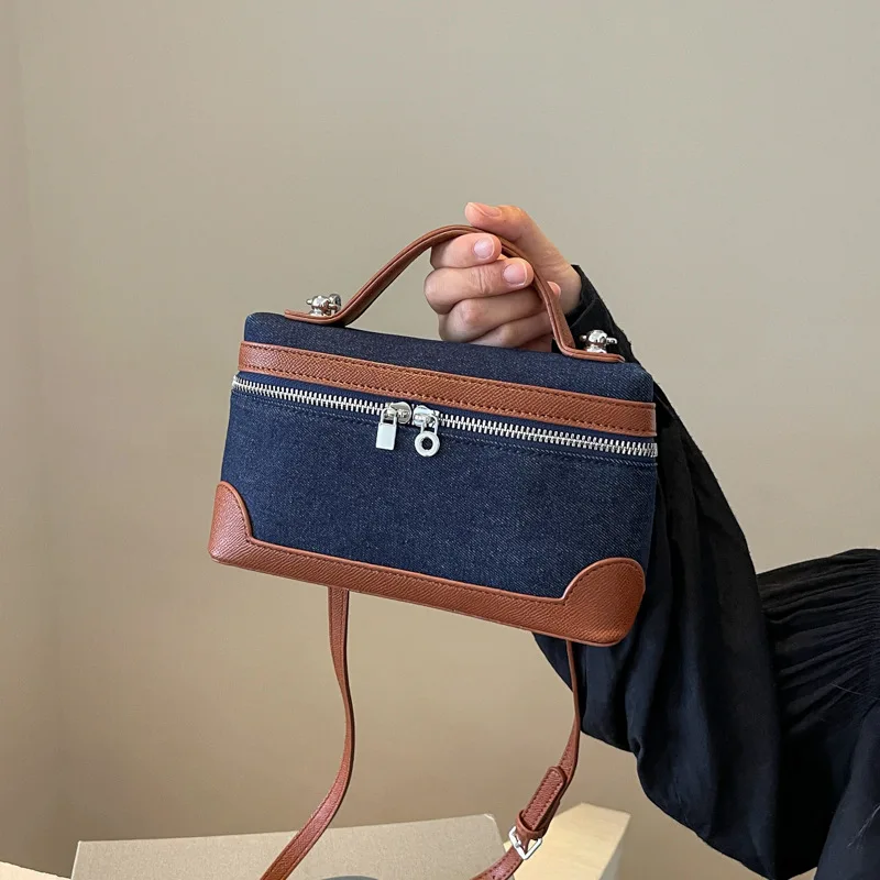 WBS 2024 Denim Square Pouch Trendy Shoulder Bags for Women Day Clutches Cotton PU Box High Quality Crossbody Handmade Purses