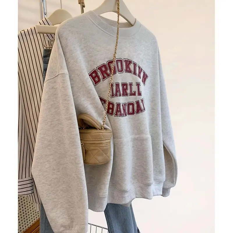 

Hoodie 2025 new loose grey round neck pullover hoodie for women autumn and winter base top for spring and autumn