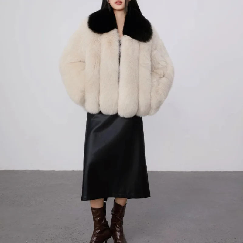 New in Coats 2024 Color Clash Winter Jacket Woman Black Lapel Spliced White Vertical Faux Mink Fur Fashion Outerwears Fur Coat