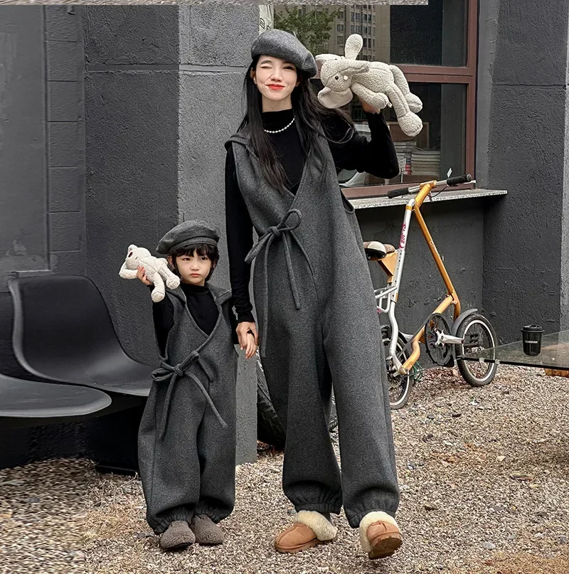 Winter Mother and Son Daughter Jumpsuit Hat Mom and Children Thick Warm One Piece Romper Pants Mommy and Me Overalls Clothing