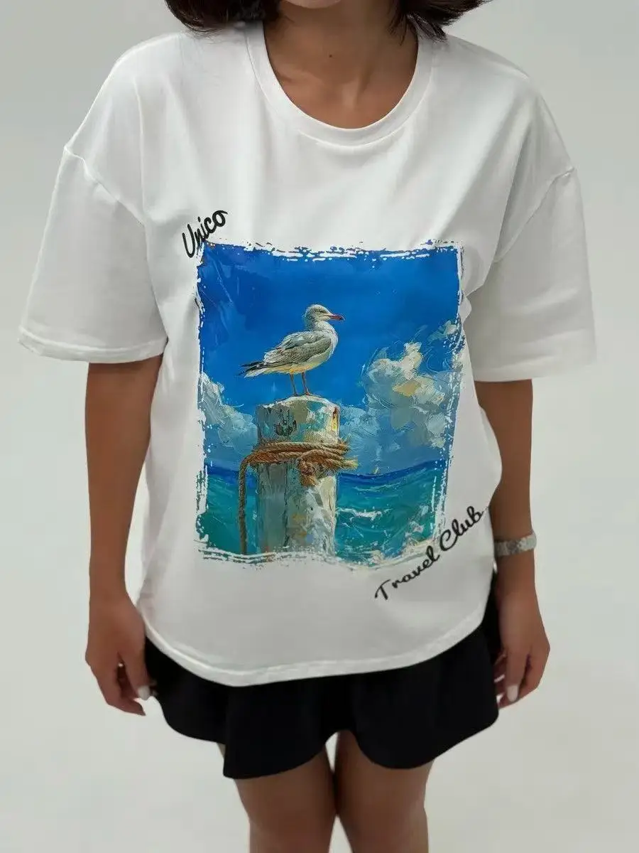 Artistic Seagull Print Cotton Tee - Women's Casual Oversized Short Sleeve T-Shirt for Summer Chic Russian Fashion Lady Holiday