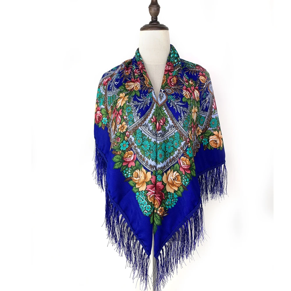 Luxury Floral Print Russian Scarf Women Retro Fringed Square Bandana Scarves Ukrainian Shawl Babushka Handkerchief Head Wraps