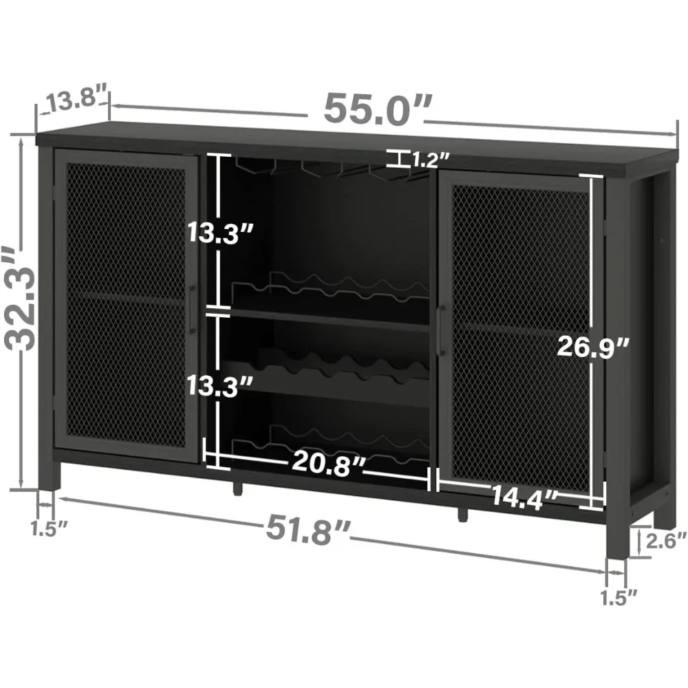 IBF Black Coffee Bar Cabinet, Liquor Cabinet with Wine Rack Storage, Industrial Kitchen Buffet Cabinet for Liquor and Coffee,