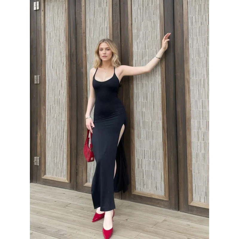 

Women's Sexy Pure Desire Style Split Strap Dress Summer Spicy Girl Slim Fit Bodycon Long Dress