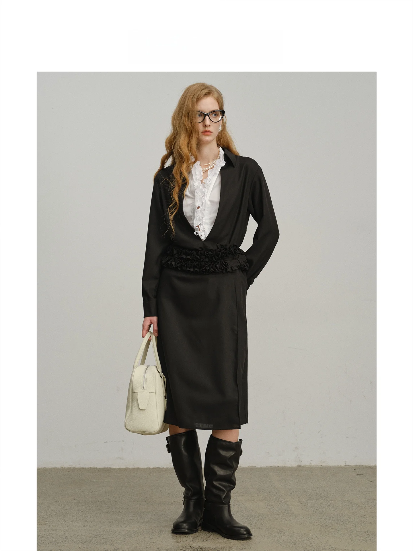 

Havehas k Rose Slanted Woolen irt mat Deep V Hem Pleated Skirt Vintage Sle Loose Fit Long Sve Women's Blouse