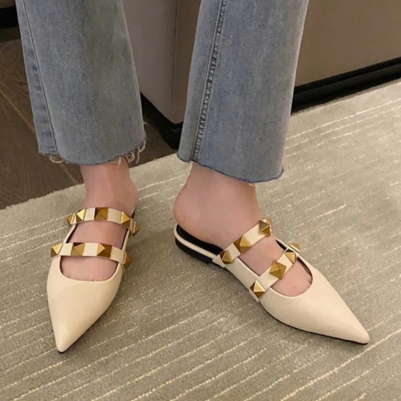 Fashion Rivet Women Flats Mules Slippers Shallow Footwear 2024 Spring Pointed Toe Female Sandals Outdoor Slides Ladies Shoes