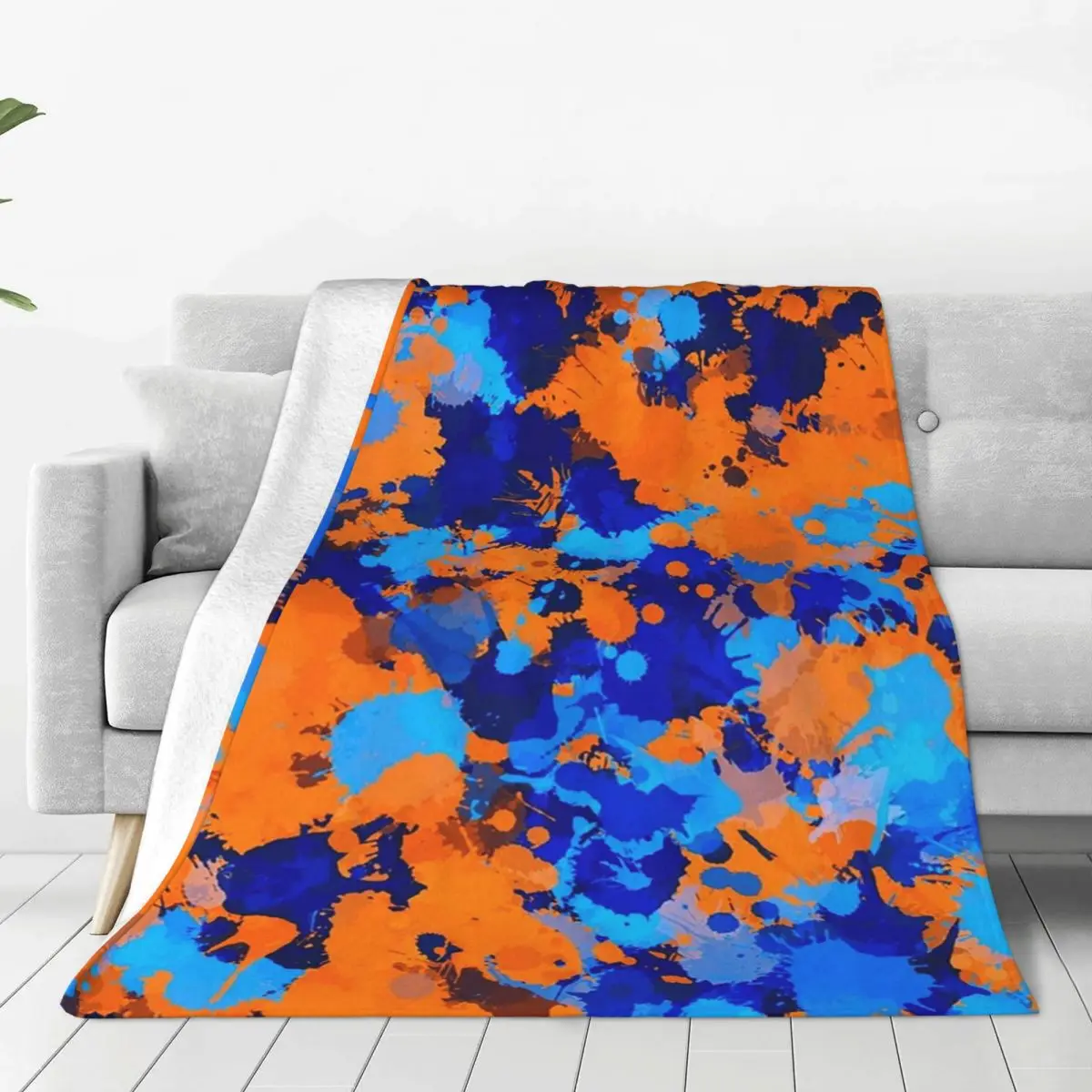 Blue And Orange Paint Splatter Blankets Fleece Breathable Sofa Throw Blankets For Home Bedroom Outdoor Throws Bedspread Quilt