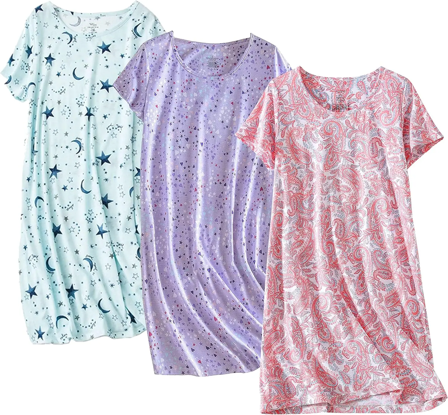 3 Pack Women's Cotton Nightgown Sleepwear Short Sleeves Shirt Casual Print Sleepdress