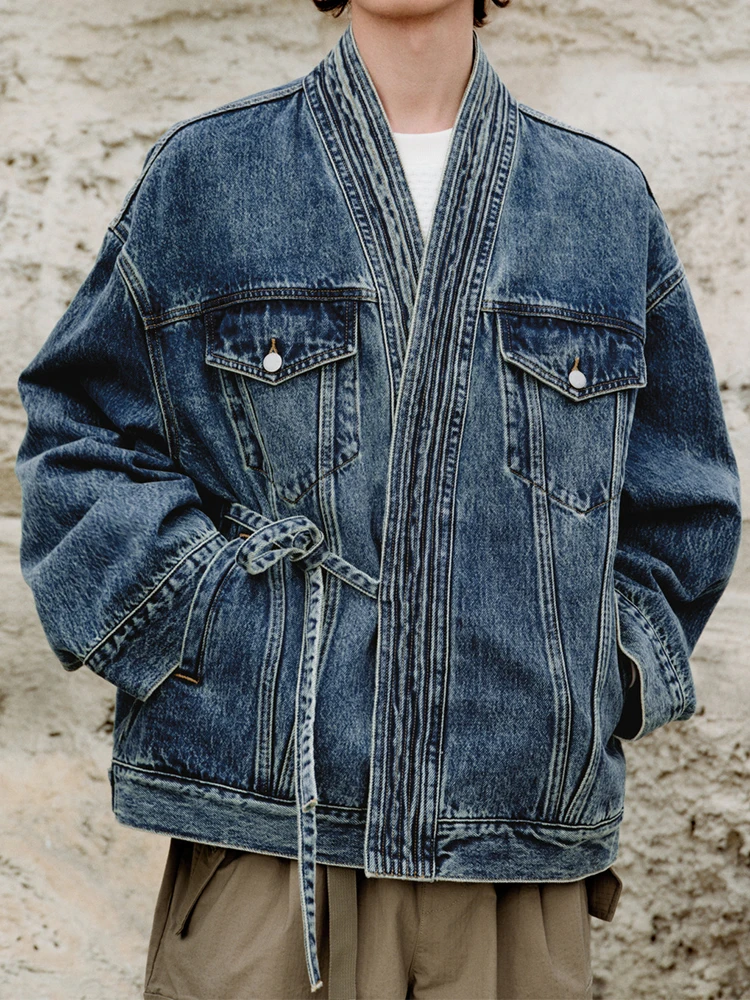 Vintage Lace-up Wrap V Neck Denim Jackets Men Spring Fashion Irregular Design Jean Coats Mens Streetwear Trendy Denim Outerwear