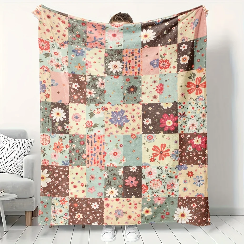 Countryside Patchwork Flower Fleece Blanket Soft Cozy Throw Blanket For Office Desk Nap Use