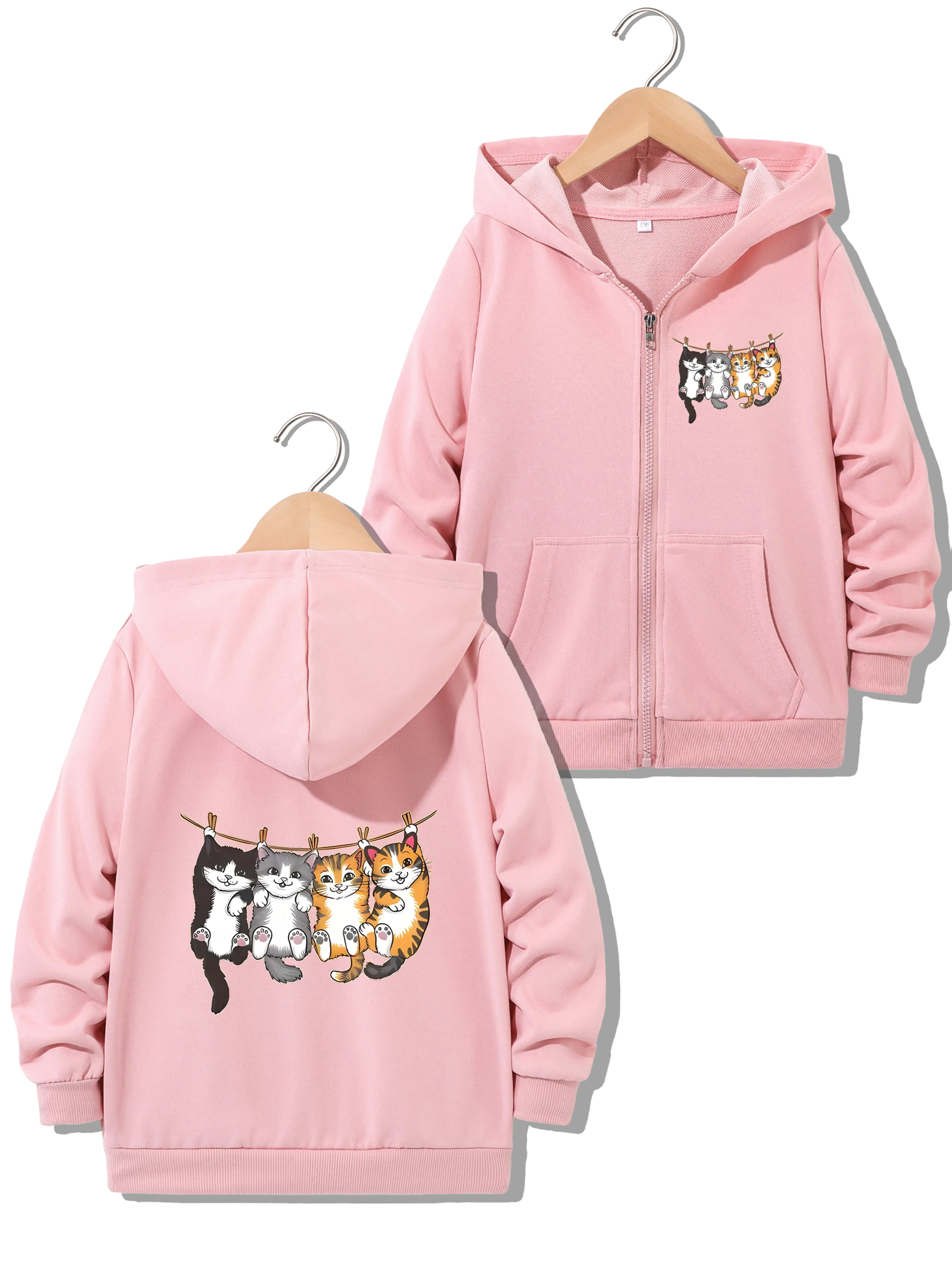 Trendy Funny Hanging Kittens Zip Up Hoodie For Kids, Cute Cat Front And Back Print Hooded Jacket, Children Daily Streetwear