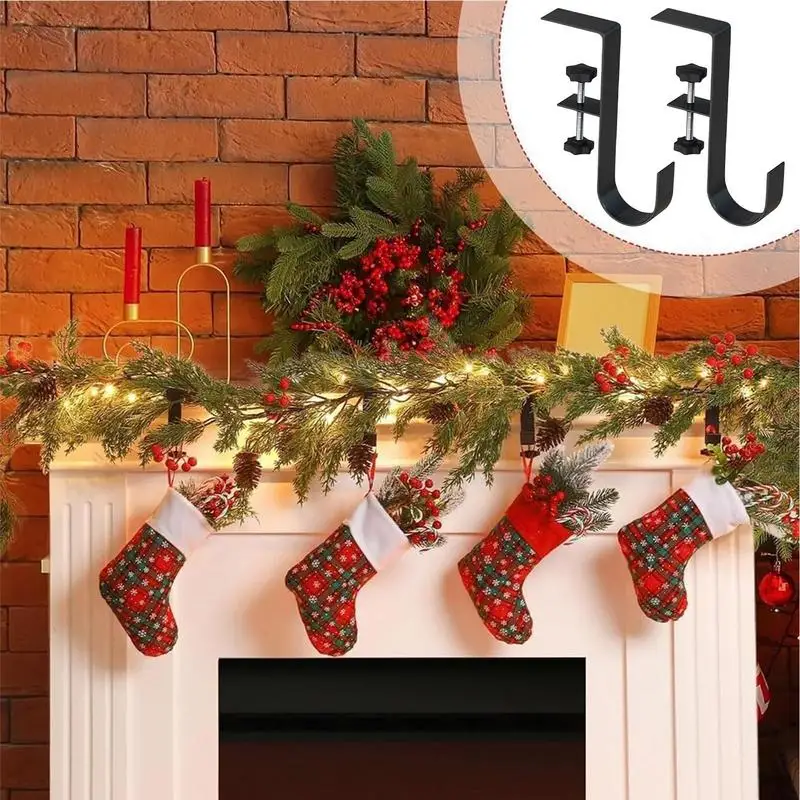 2Pcs Fireplace Stocking and Garland Hanger Adjustable Metal Hooks Mantle Stocking Hangers for Xmas Home Party Decoration
