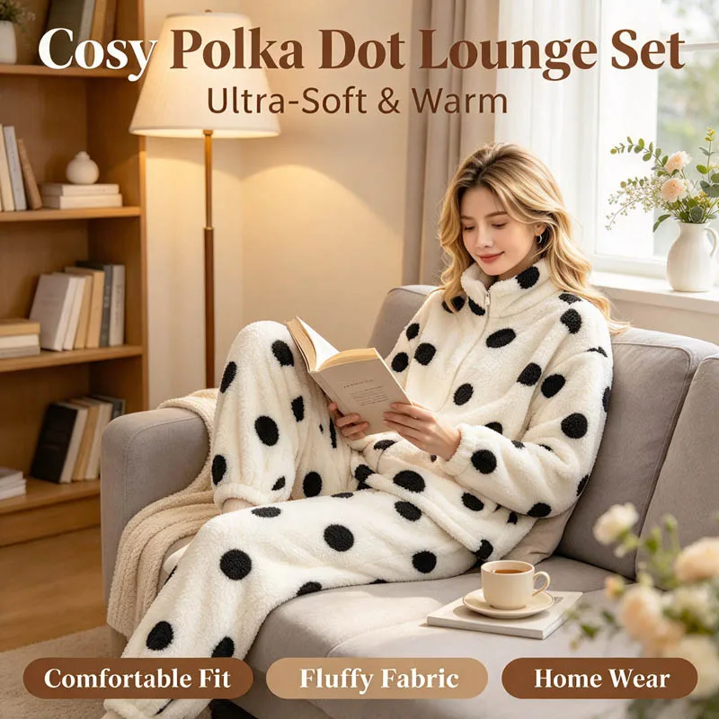 2026 Autumn Winter Fashion Polka Dot Coral Fleece Women Pajama Set Fluffy Lined Thickened Plus Size Loose Cold Proof Home Warm