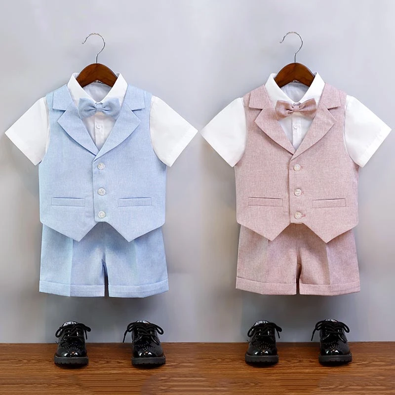 

Boys Child Wedding Suit Short-sleeved Vest Shorts Formal Blazer Set Summer 2024 New Kids Host Piano Performance Costume 13 14 Y