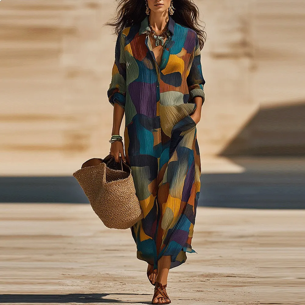 Women's Spring Summer Printed Button Down Maxi Dress, Casual Vacation Dresses with Floral Pattern
