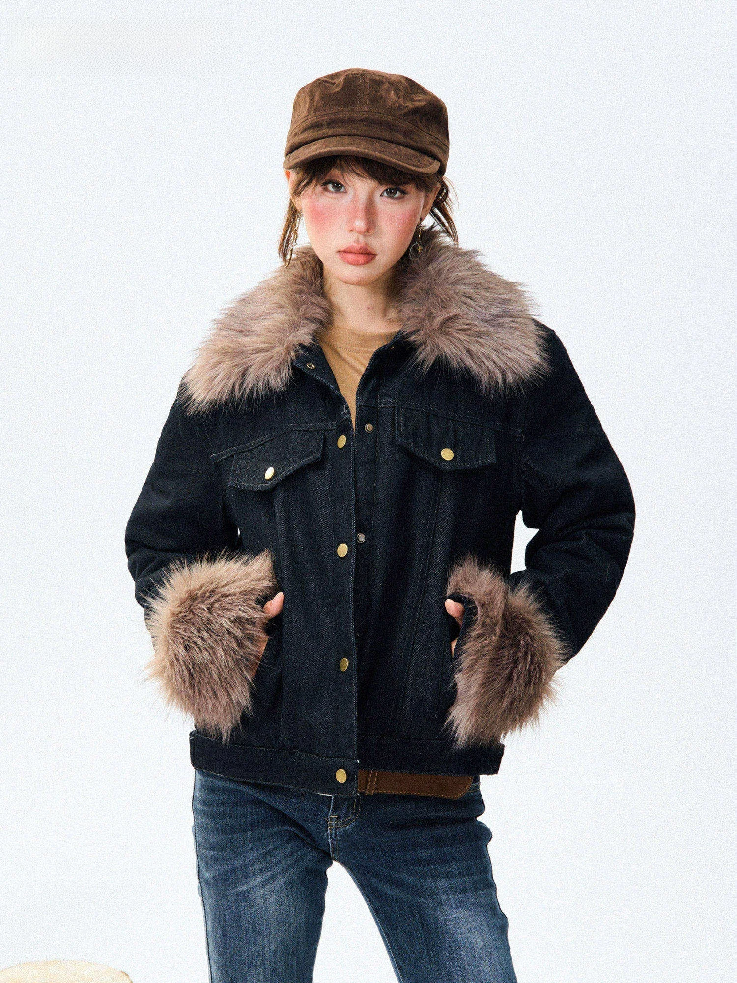 

Зимнее женское пальто Young Stage American Style из утолщенного хлопка с меховым воротником, прямого кроя, с длинными рукавами, в стиле ретро