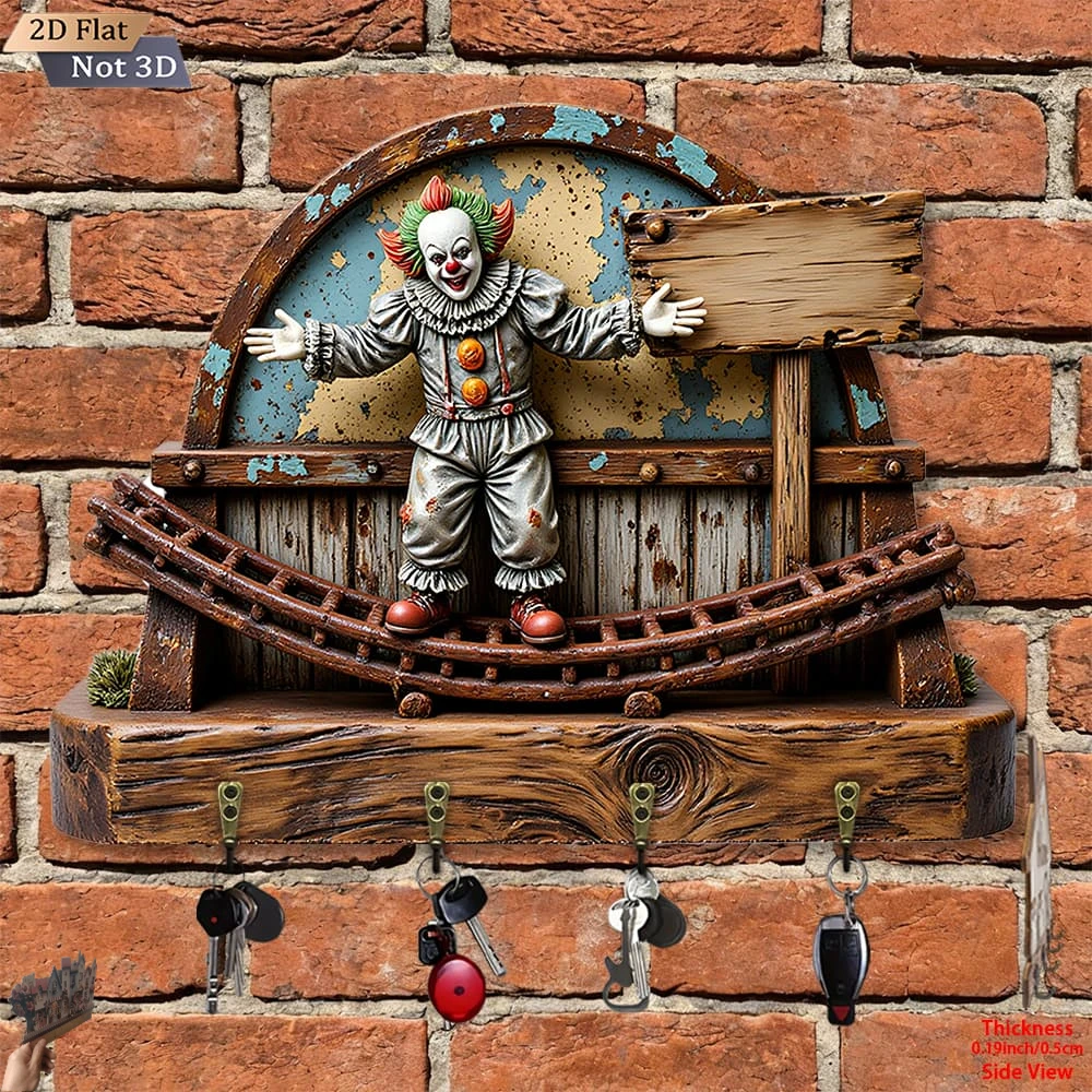 Country Style Clown Pattern 2D Wooden Key Hook Multifunctional Decorative Key Rack With Metal Hooks Wall Decor For Porch Room
