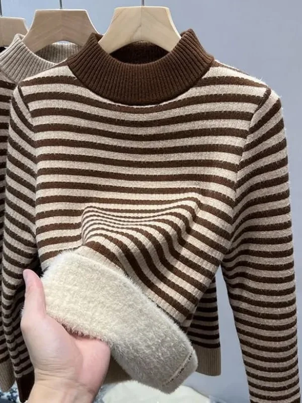 

Thiened Fce Long Sve Striped Sweater Women's Autumn Winter New Sle High Collar One-Piece Velvet Base irt Top