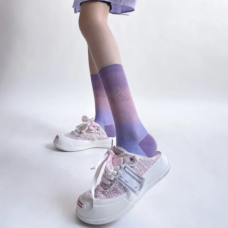 

3 Pairs Women's mid Tube Cotton Socks Autumn Winter Gradient Tie Dye Contrasting Artistic College Style Pure Cotton