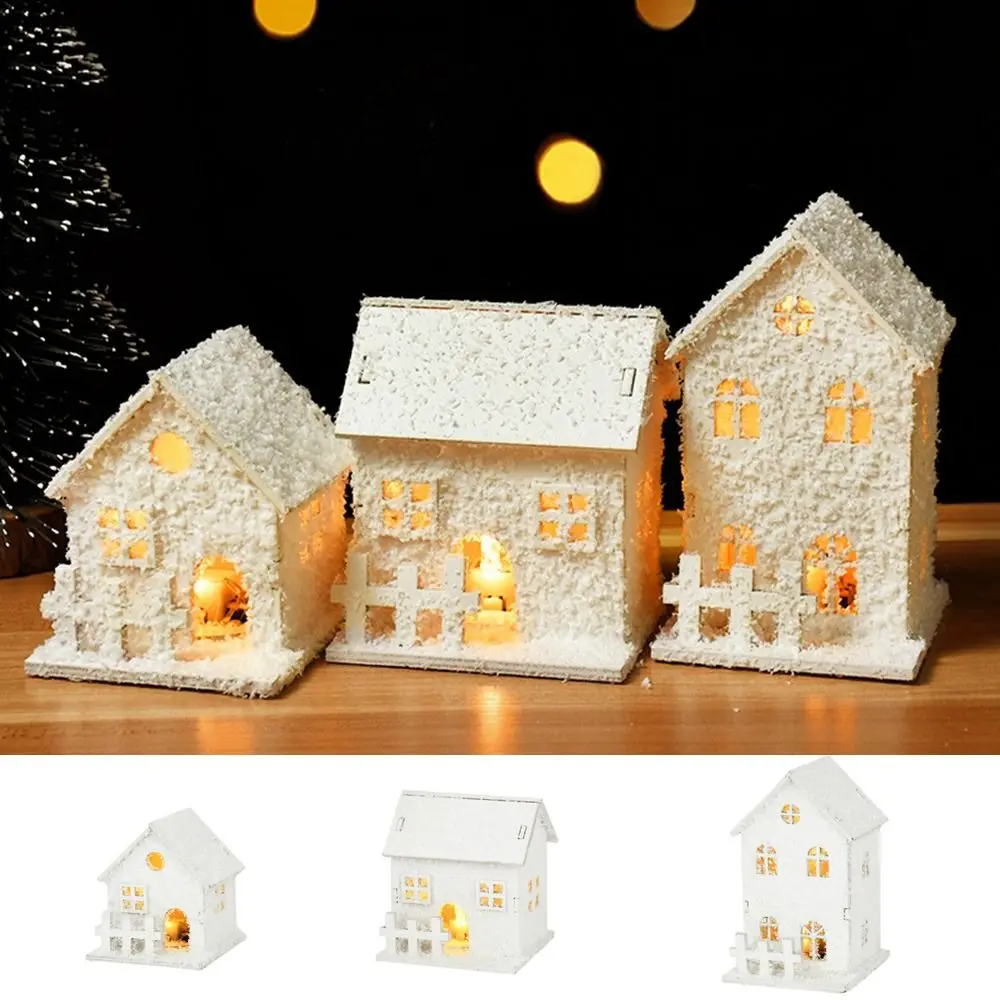 Ornament Mini Christmas LED Light Wooden House Luminous with Snowflake Glowing Castle White Desktop