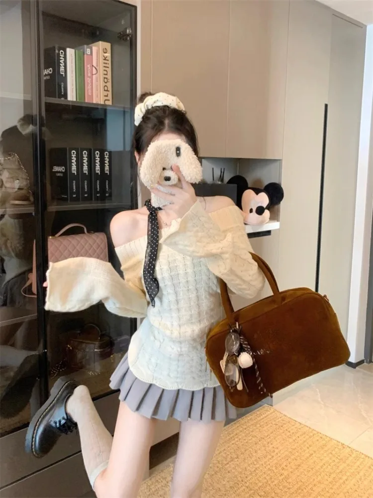 

Pullovers Women Slash Neck Off Shoulder Slimming Korean Style Knitted Sweaters Autumn Winter Tops Temperament Concise Hotsweet