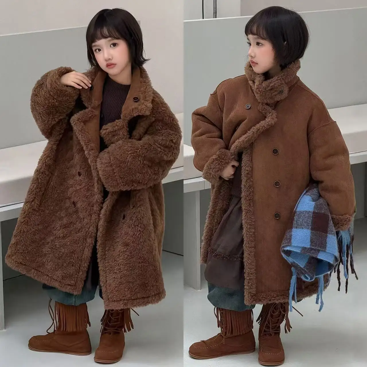 Kids Reversible Faux Lamb Fur Coat Mid-Length Shearling Overcoat for Boys Girls Fall Winter
