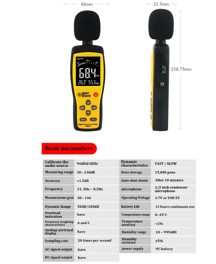 Digital LCD Display Sound Level Noise Meter 30-130dB Decibel Tester Audio/Volume Measuring Instrument Sound Level Meter AS844+