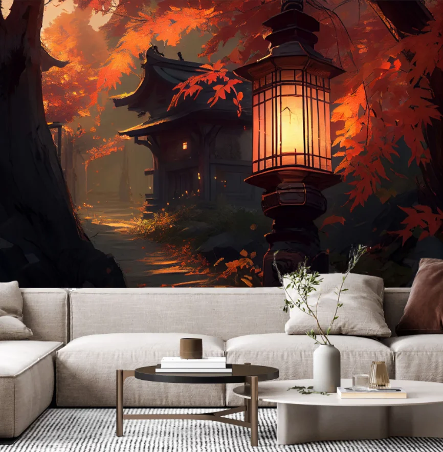 Customized wallpaper, red maple leaves, streetlights, retro architectural wallpaper, home decoration, living room, bedroom mural