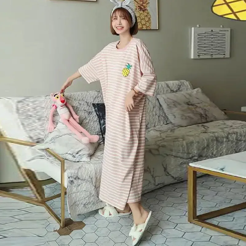 

Summer Pajama Dress Female Short-Sleeved Cartoon Homewear Lengthened Plus Size Striped Student Pajamas Easy To Wash Clothes