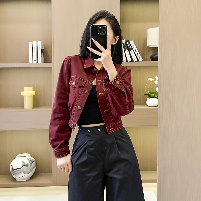 Women's Loose Casual Red Denim Short Jacket Autumn Design Sensation American Style High Waist Type Cotton Polyester Blend