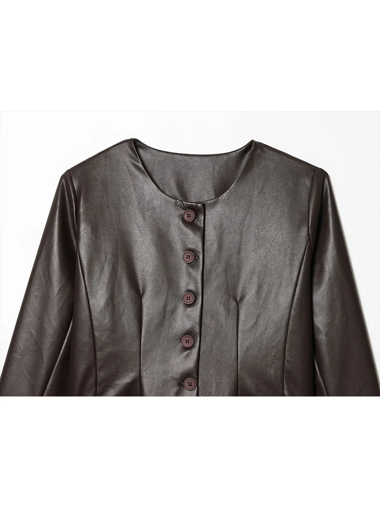 Hh moda feminina único breasted bolso decoração de couro artificial jaqueta curta feminina mangas compridas o pescoço casual casaco de rua