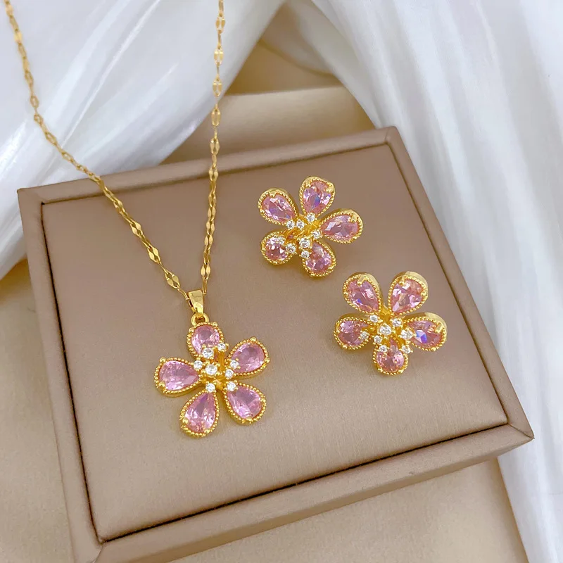 Fashion Stainless Steel Gorgeous Micro-Inlaid Pink Stainless Steel Pendant Flower Necklace Earrings Set Classic Party Gift