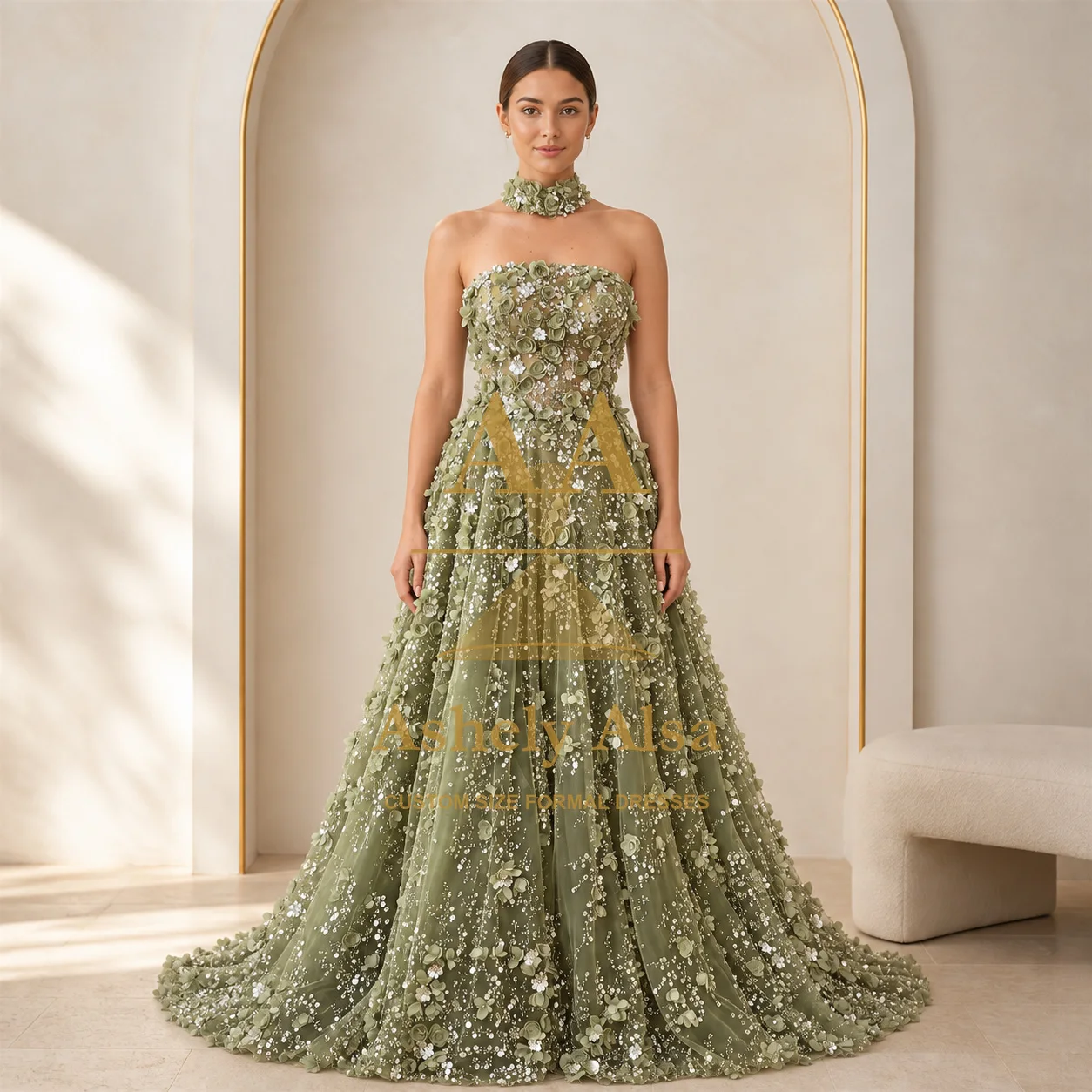 Olive Green Evening Dress Strapless Three Dimensional Floral Bodice Full Skirt Floor Length Formal Party Custom Size