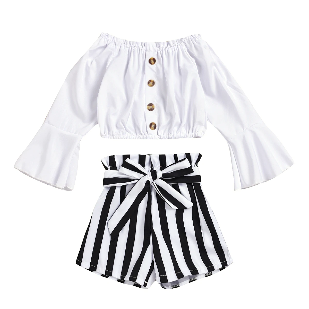 

Summer Kids Girls Clothes Set Off Shoulder Elastic Tops Striped Short Pant 2Pcs Suit Baby Toddler Outfit Children Clothing A432