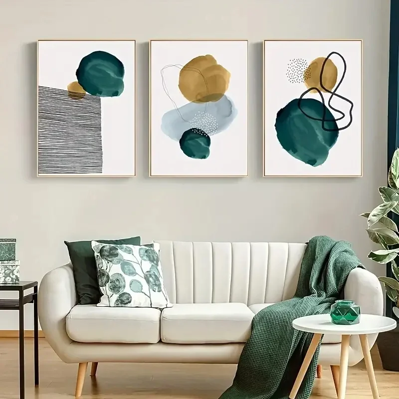 Large-sized frameless 3pcs  3pcs Art Poster Nordic Style Canvas Painting Abstract Watercolor Green Blue Yellow Geometric Pict