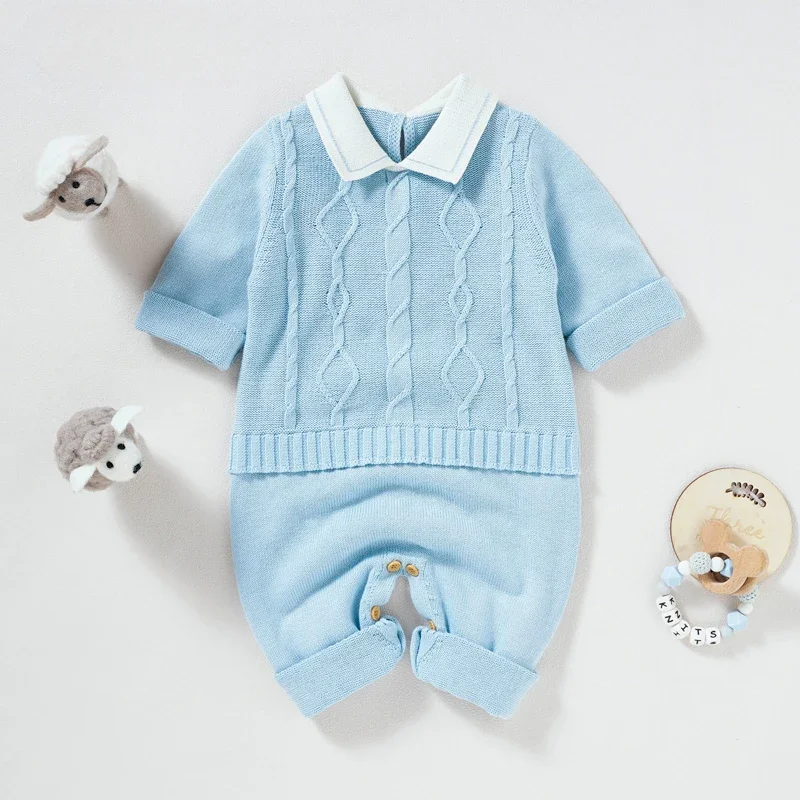 Autumn Long Sleeve Boys Turtle Neck Jumpsuits Outfits Infant Kids Cotton Overalls 0-18m Baby Rompers Solid Plain Knitted Newborn