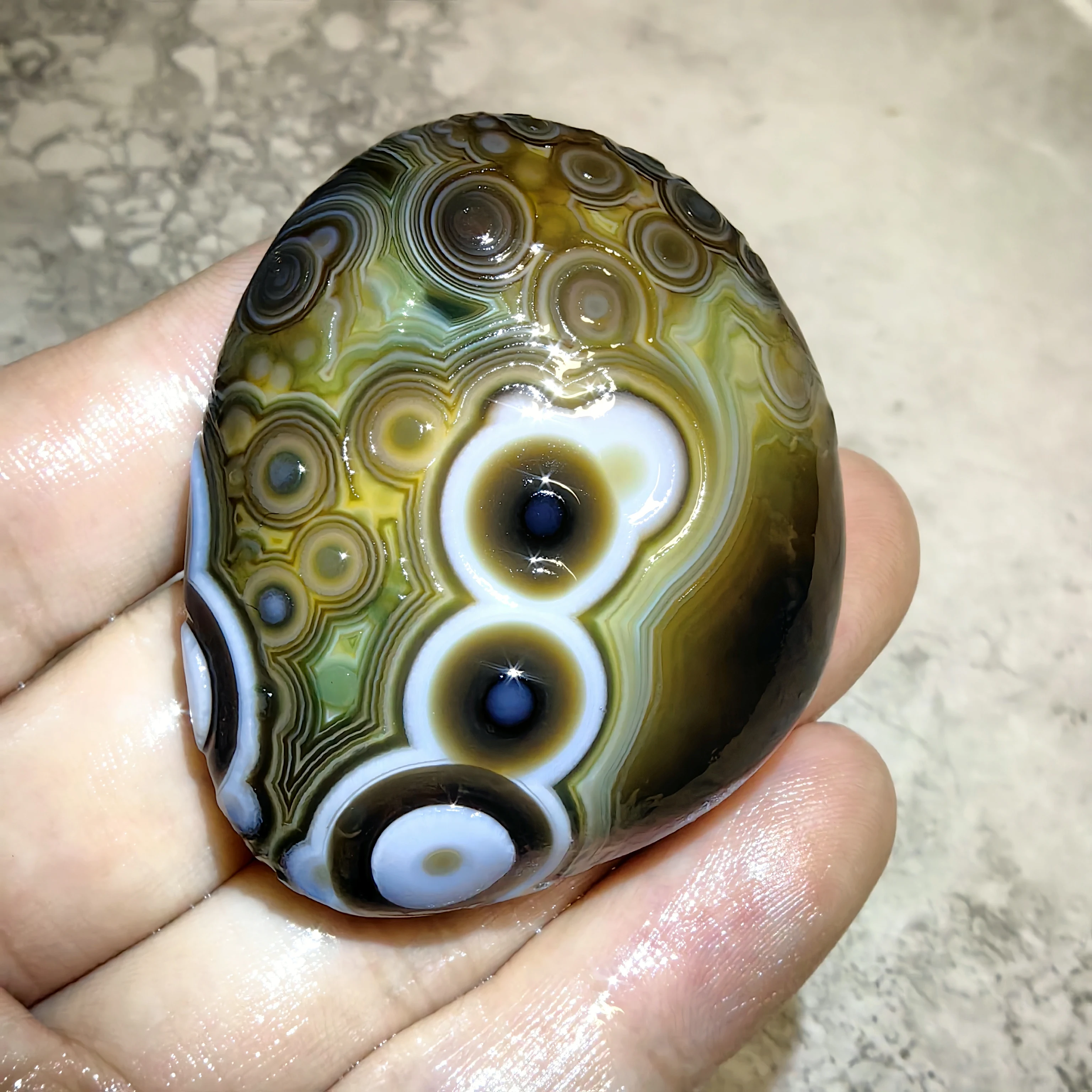 Striking Multi-Eyed Agate Stone with Swirling Patterns and Earthy Tones Natural High-Relief Agate Palm Stone  Distinctive Rin