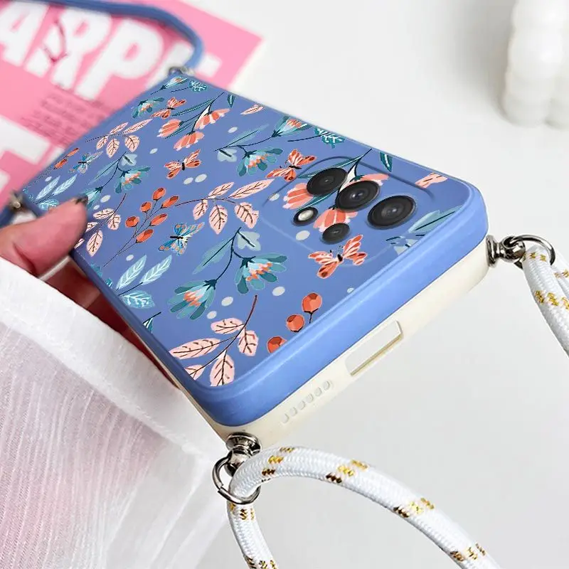 Sunrise Floral Crossbody Lanyard Silicone Phone Case For Samsung Galaxy A54 A34 A24 A73 A53 A52 A52S A04S A04E A72 Cover