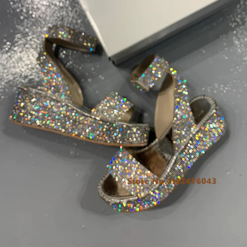 Crystal Round Toe Wedge Heel Sandals Women Bling Bling Platform Thick Heels Ladies Peep Toes Hook & Loop Casual Sandals