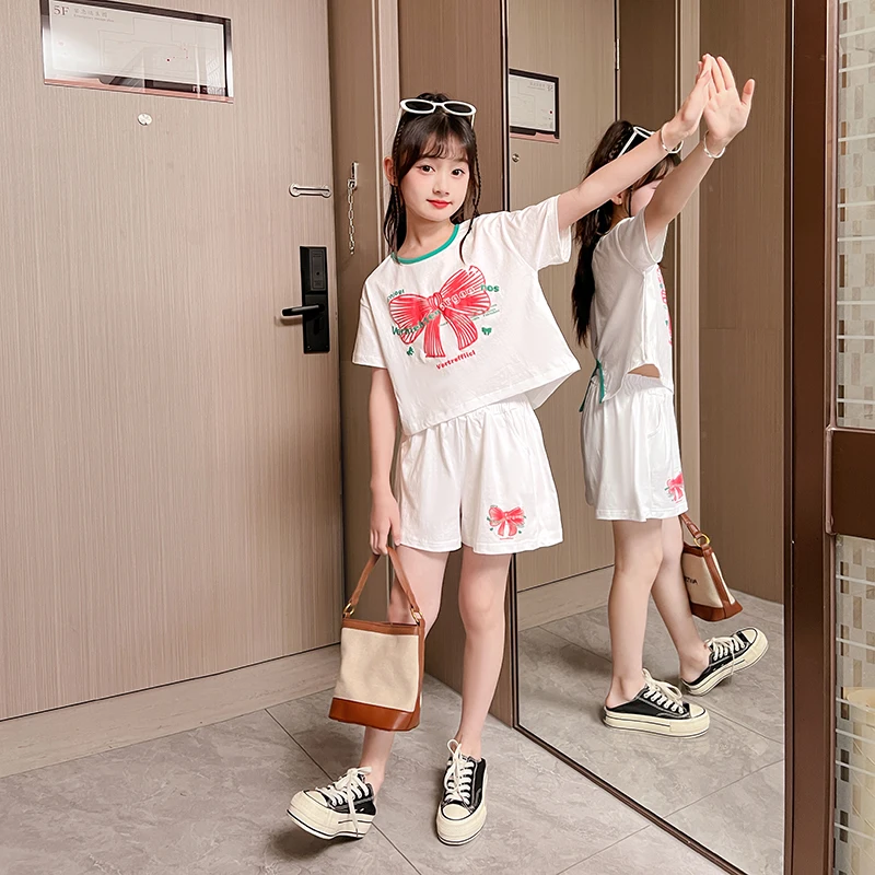 Summer Children's Short-Sleeve Shorts Set 2025 New Style Girl's Bow-Print T-Shirt Sports Shorts Two-Piece Outfit Special on Back