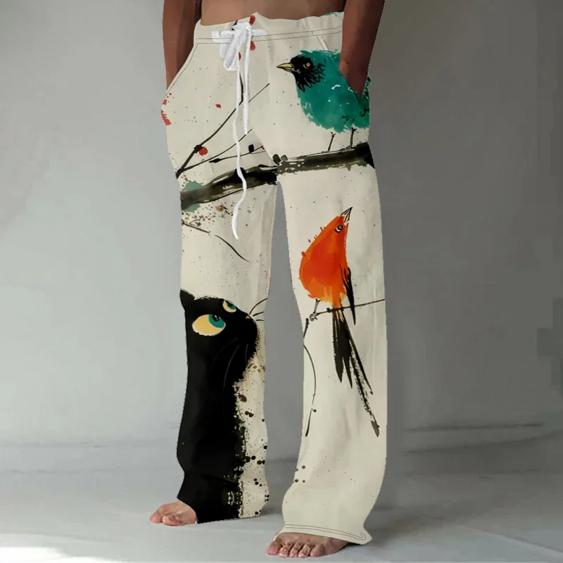 Pantalones holgados con estampado de grullas de arte japonés para hombre, pantalones de pierna ancha estilo Harajuku, pantalones con diseño de gato y pájaro en una rama, ropa de calle