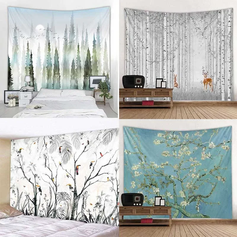 Forest Hand-painted Tapestry Wall Hanging Mandala Background Cloth Home Art Hippie Mattress Sofa Blanket